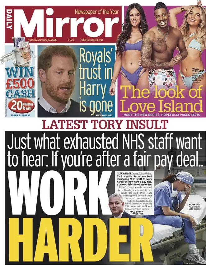 Daily Mirror - Latest Tory insult: Work Harder