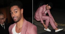 Bridgerton’s Regé-Jean Page recovers perfectly after stacking it leaving pre-Baftas dinner in shiny pink suit