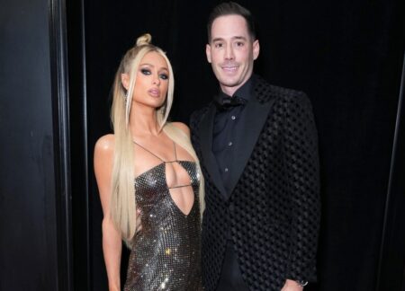 Paris Hilton cosies up to husband Carter Reum on Grammys red carpet after secretly welcoming baby boy