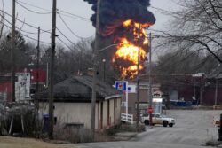 Moment toxic chemicals released from derailed train produce huge explosion