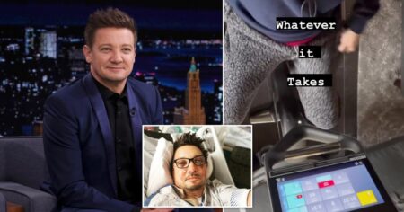 Jeremy Renner gets on his exercise bike as he recovers from snow plough accident: ‘Whatever it takes’