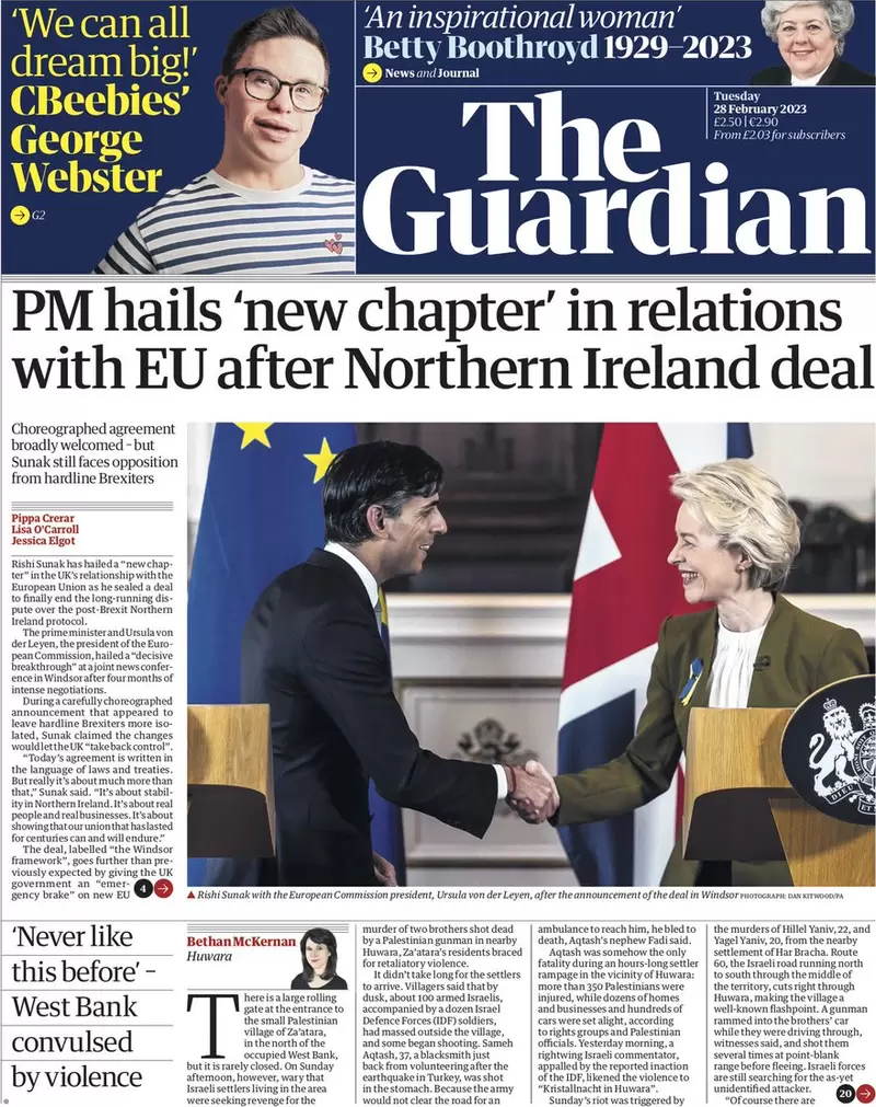 The Guardian - PM hails new chapter in relations with EU after Northern Ireland deal