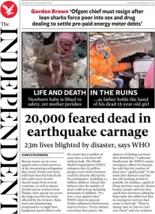 The Independent – 20,000 feared dead in earthquake carnage