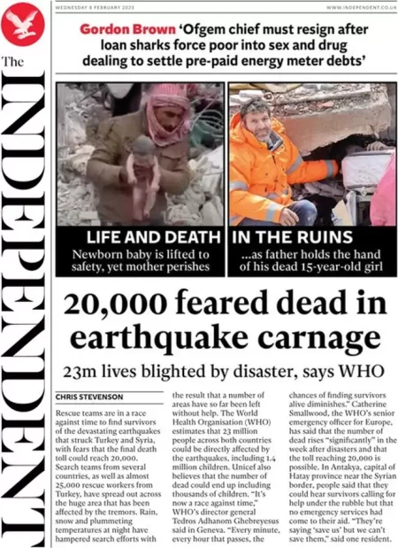 The Independent - 20,000 feared dead in earthquake carnage