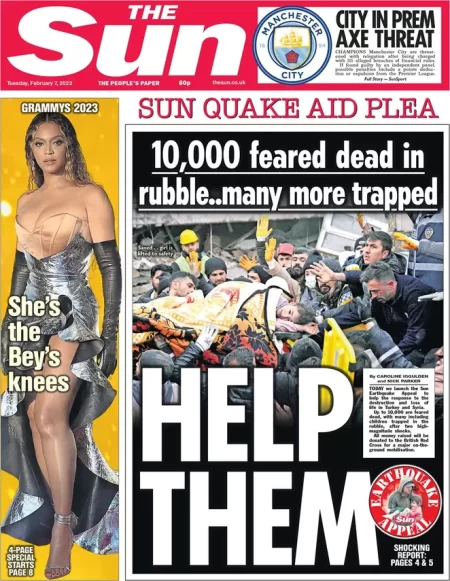 The Sun - 10,000 feared dead in rubble … many more trapped HELP THEM