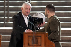 Zelensky gives UK helmet saying ‘We have freedom. Give us wings to protect it’