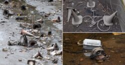 Dumped traffic cones and trolleys among rubbish emerging on bed of drained canal