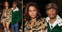 Zendaya goes big in animal print hotpants and bra as she poses with Pharrell Williams at Louis Vuitton show