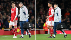 ‘Looks pretty serious’ – Arsenal star Takehiro Tomiyasu leaves Emirates on crutches with William Saliba also forced off