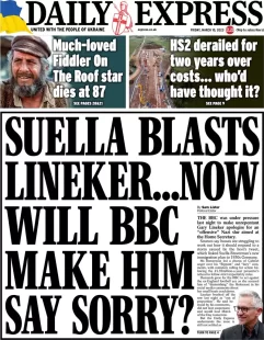 Daily Express – Suella blasts Linekar … Now will BBC make him say sorry 