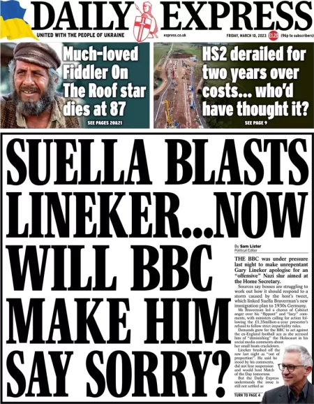 Daily Express - Suella blasts Linekar … Now will BBC make him say sorry