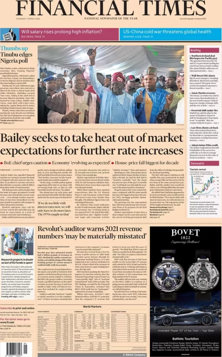 Financial Times - Bailey seeks to take heat out of market expectation for further rate increases