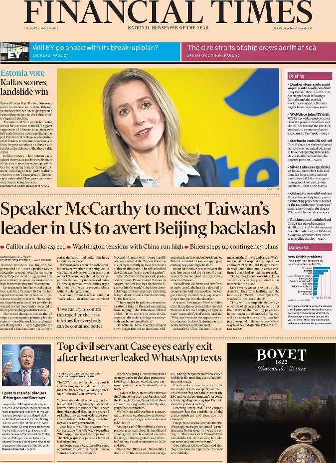 FT - Speaker McCarthey to meet Taiwan’s leader in US to avert Beijing backlash 
