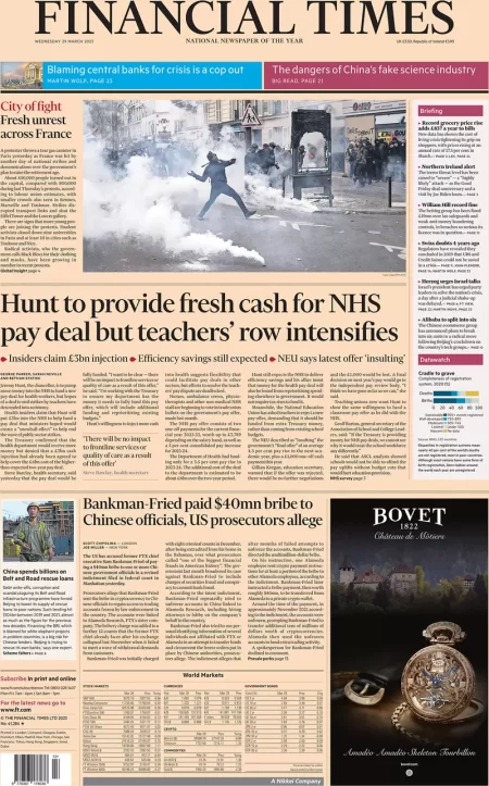 Financial Times – Hunt to provide fresh cash for NHS pay deal but teachers’ row intensifies 