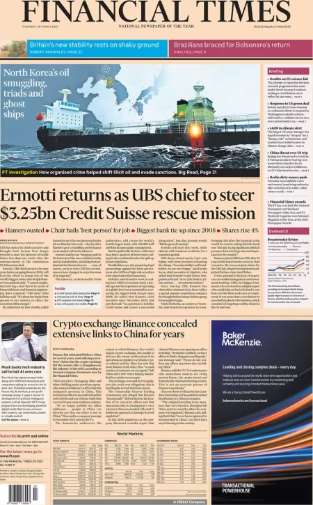 Financial Times - Ermotti returns as UBS chief to steer $3.25bn Credit Suisse rescue mission