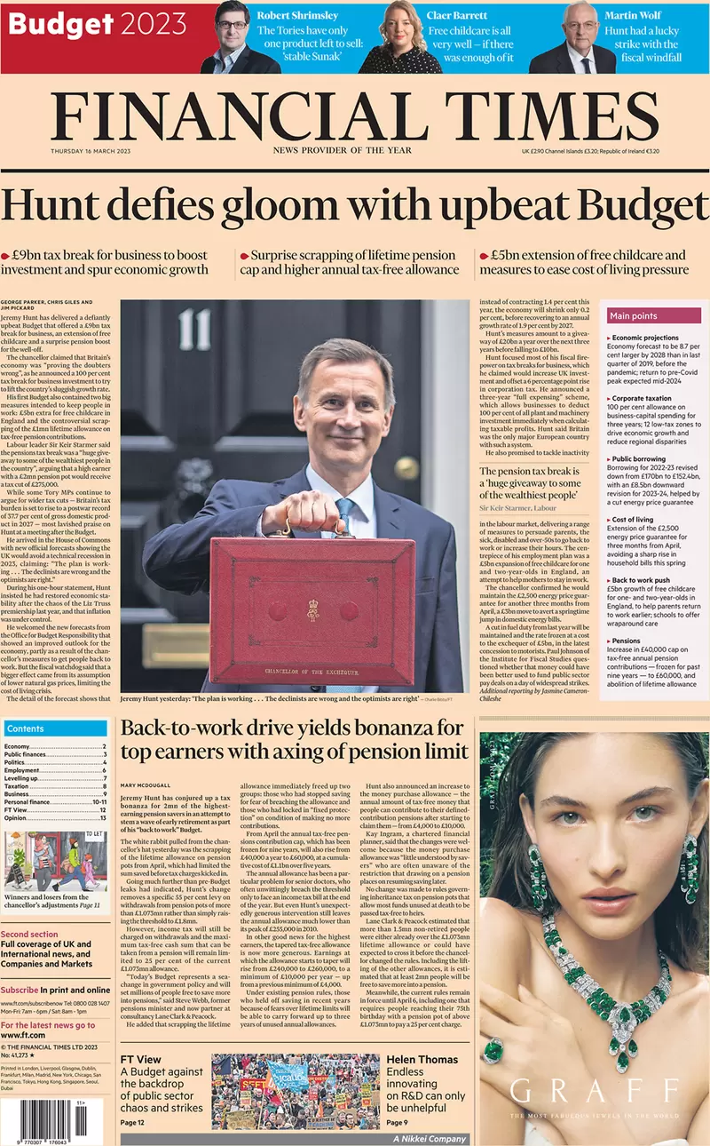 Financial Times - Hunt defies gloom with upbeat Budget