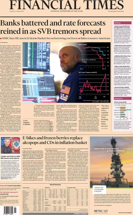 Financial Times – Banks battered and rate forecasts reined in as SVB tremors spread 