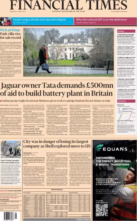 Financial Times – Jaguar owner Tata demands £500m of aid to build battery plant in UK 