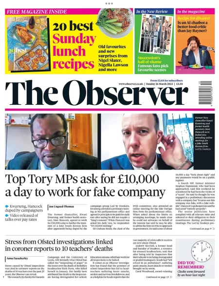 The Observer – Top Tory MPs ask for £10,000 a day to work at fake company 