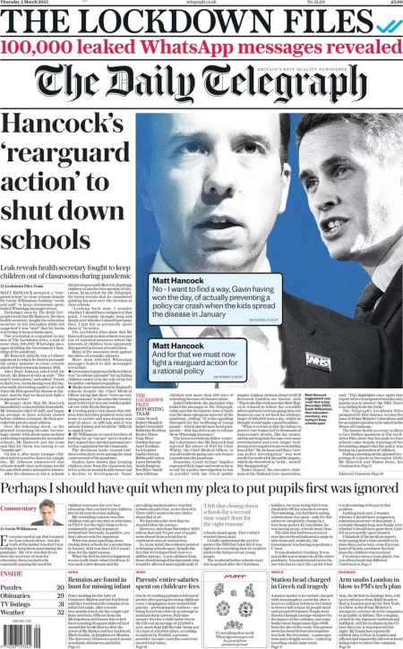 The Daily Telegraph - Hancock’s rearguard action to shut down schools