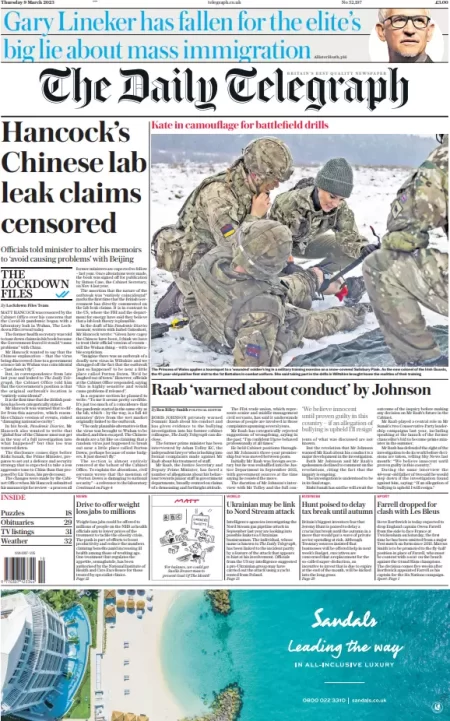 The Daily Telegraph - Hancock’s Chinese lab leak claim censored