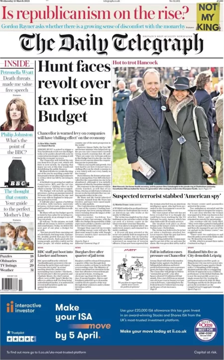 The Daily Telegraph - Hunt faces revolt over tax rise in Budget