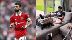 Bruno Fernandes pictured with protective boot and crutches amid fresh Manchester United injury fears