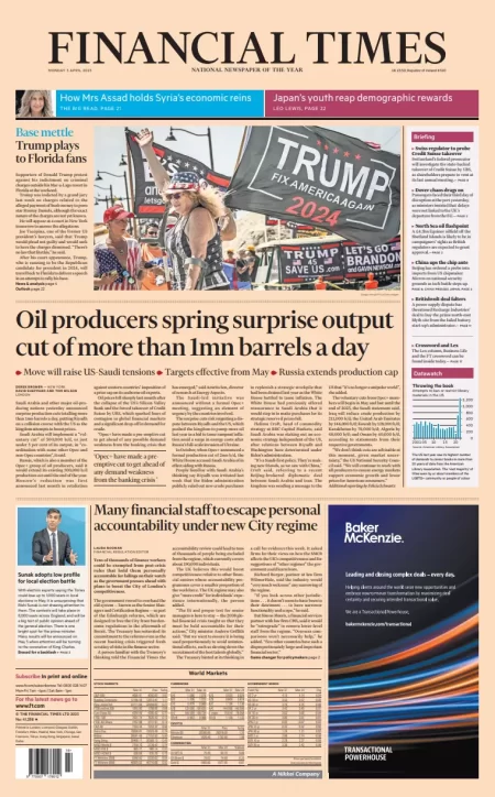 Financial Times - oil producers spring surprise output cut of more than 1mn barrels a day