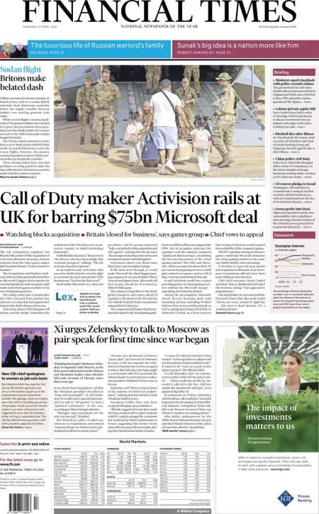 Financial Times - Call of Duty maker Activision rails at UK for barring $75bn Microsoft deal 