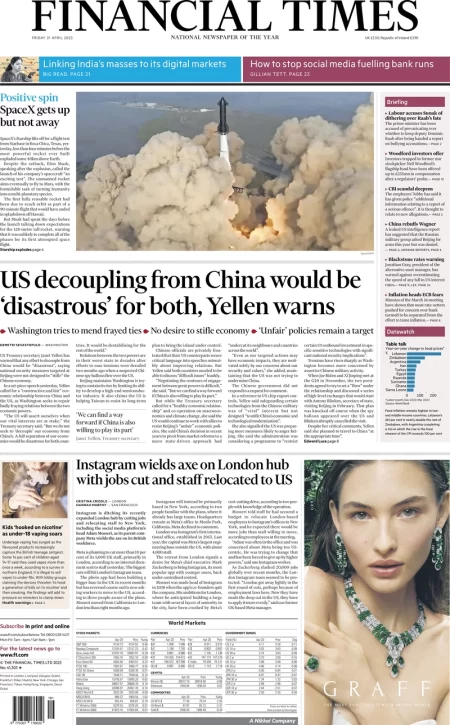 Financial Times - US decoupling from China would be disastrous for both, Yellen warns 