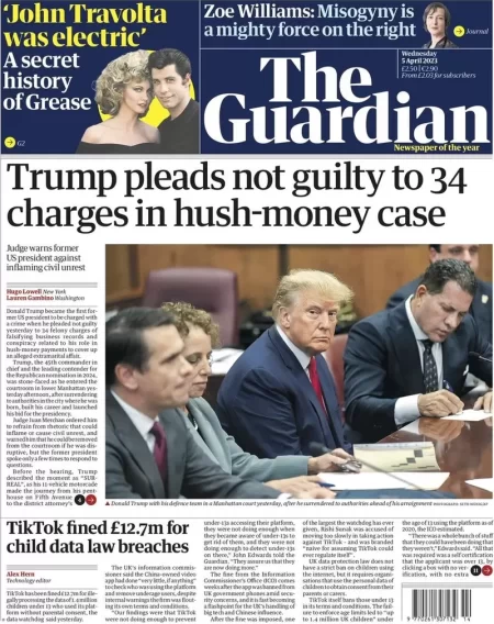 The Guardian - Trump pleads not guilty to 34 charges in hush-money case