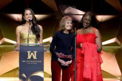 Meghan Markle stuns in gold Johanna Ortiz strapless dress as she receives Woman of Vision Award