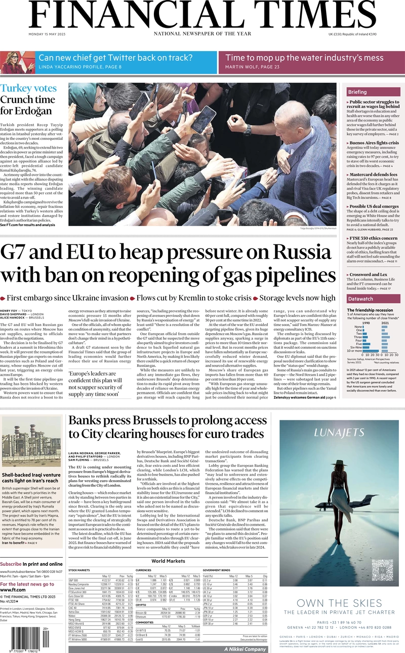 The Financial Times leads with the G7 and European Union moving to prevent the resumption of Russian pipeline gas exports on routes to countries such as Poland and Germany. The paper says, according to officials involved in the talks, the decision will be finalised by G7 leaders at a summit in Hiroshima this week. It is the first time the trading of pipeline-gas has been blocked by western powers since Russia invaded Ukraine, the paper notes.