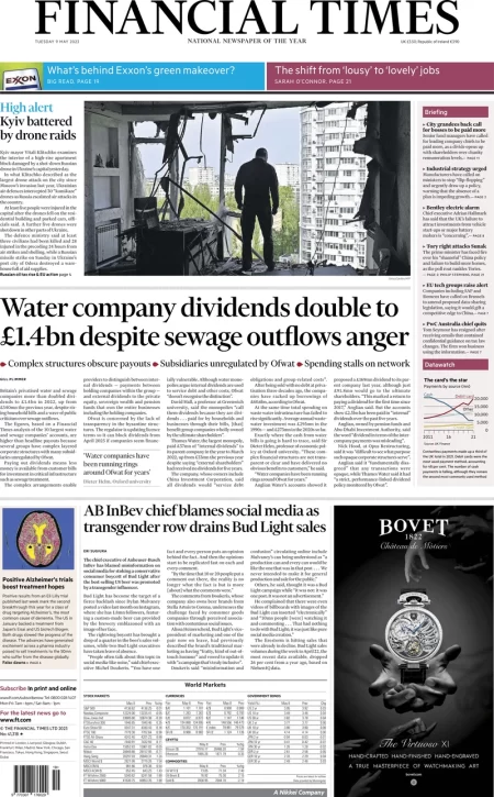 Financial Times - Water company dividends double to £1.4bn despite sewage outflows anger 