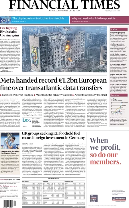 The Financial Times – Meta hand record 1.2 bn euros European fine over transatlantic data transfers