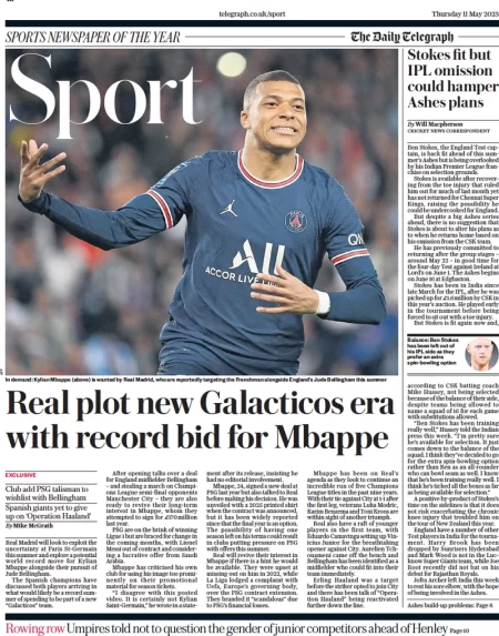 Telegraph Sport – Real plot new era with record bid for Mbappe 