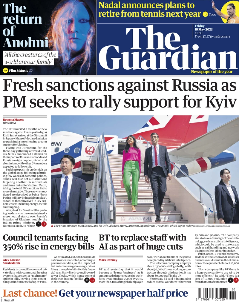 The Guardian says a raft of new UK sanctions on Russia have been unveiled as the prime minister arrived in Japan for a G7 summit. They include a ban on imports of Russian diamonds, copper, nickel and aluminium. The front page also reports on the BT job losses and features a picture of the PM and his wife travelling to the G7 summit.