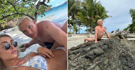 Jamie Laing does his best Little Mermaid impression posing nude on rock during honeymoon