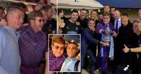 Sir Elton John congratulates Manchester City players at airport after FA Cup win in truly epic crossover