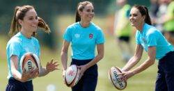 Kate shows off her rugby skills as she takes to the pitch for drills