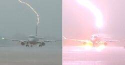 Moment plane full of passengers is struck by lightning after landing
