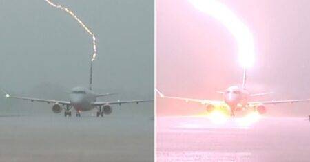 Moment plane full of passengers is struck by lightning after landing
