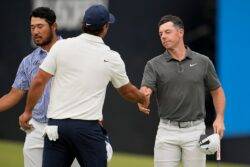 Rory McIlroy shakes hands with Brooks Koepka ahead of record-breaking US Open first round