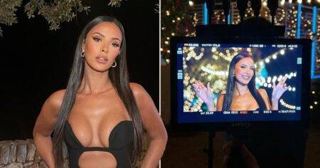 Love Island host Maya Jama relives famous black cut-out dress in dramatic return to villa