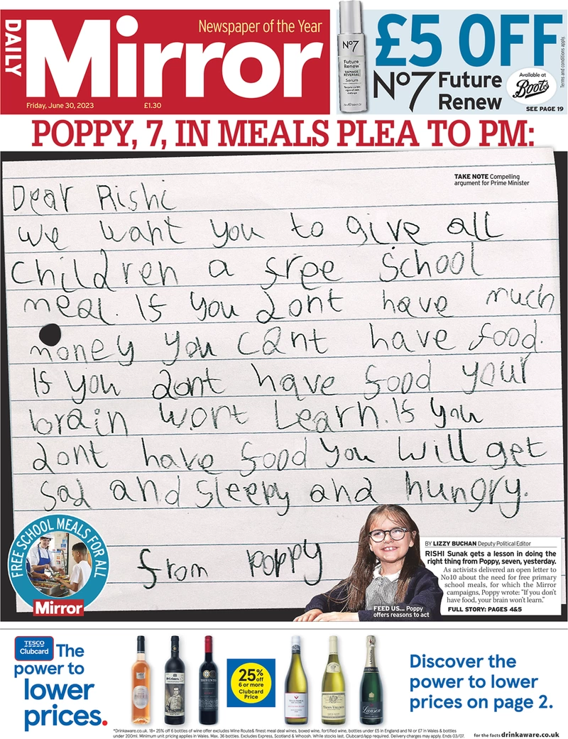 Daily Mirror - Meals plea to PM