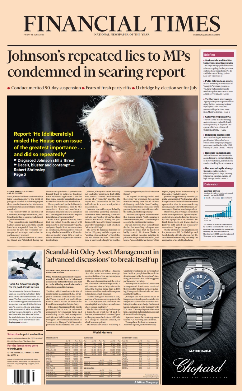 Financial Times - Johnson’s repeated lies to MPs condemned in searing report