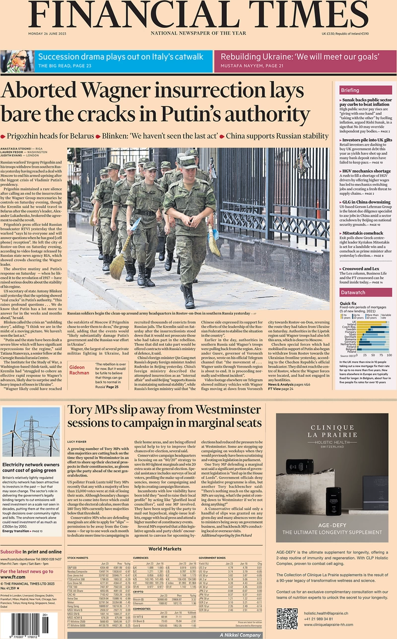 Financial Times - Aborted Wagner insurrection lays bare cracks in Putin’s authority 