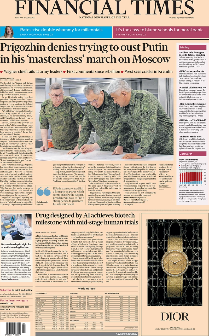Financial Times - Prigozhin denies trying to oust Putin in his ‘masterclass’ march on Moscow