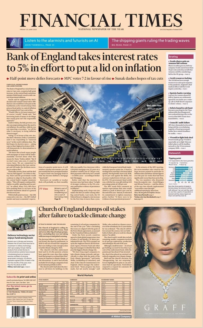 Financial Times - Bank of England takes interest rates to 5% in effort to put lid on inflation