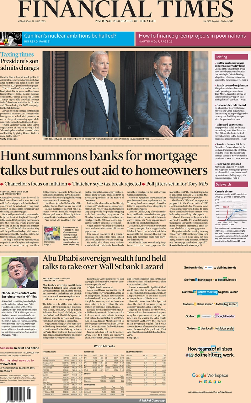 Financial Times - Hunt summons banks for mortgage talks but rules out aid to homeowners